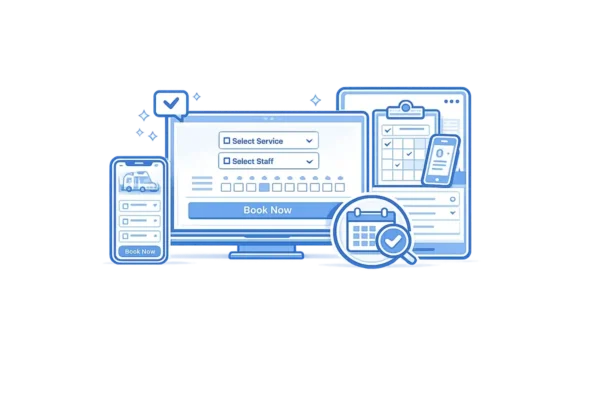 Appointment booking shown on a monitor, tablet and phone