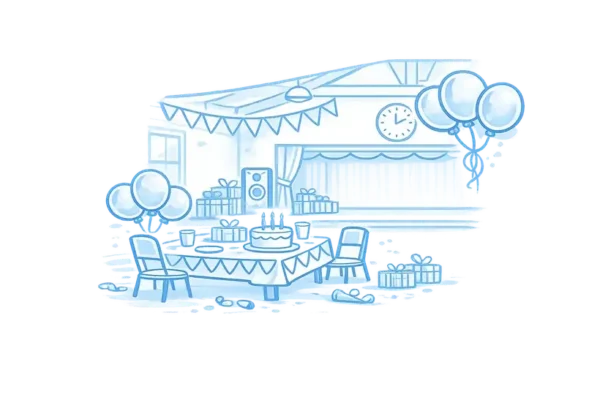 Illustration of a village hall set up for a party