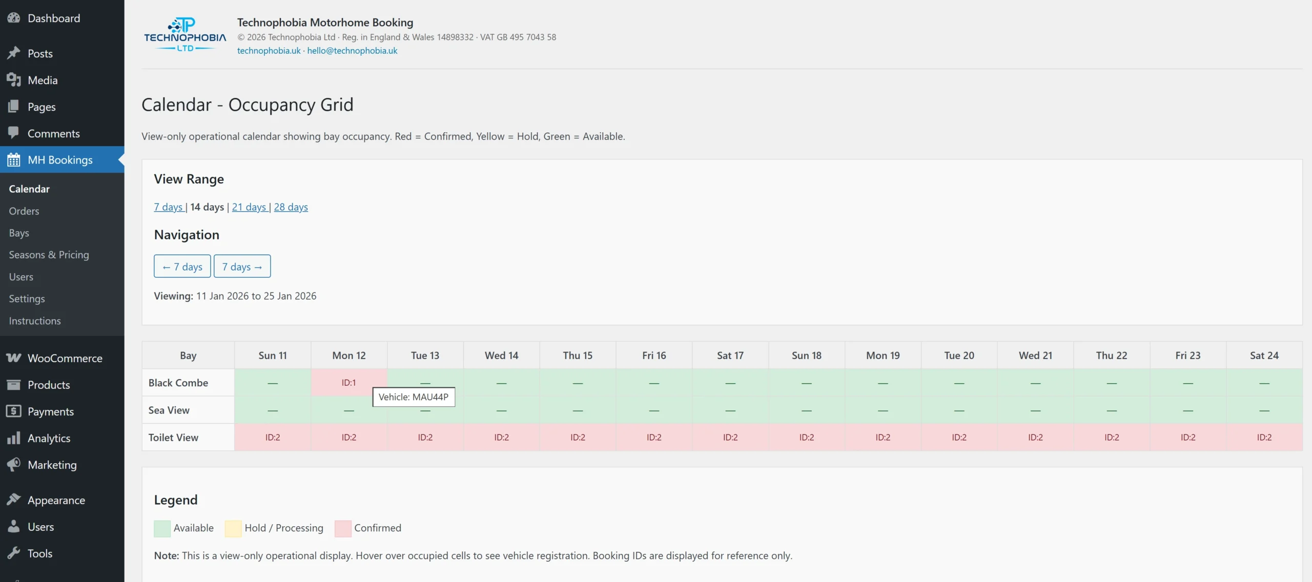 calendar screenshot of Motorhome Booking Plugin