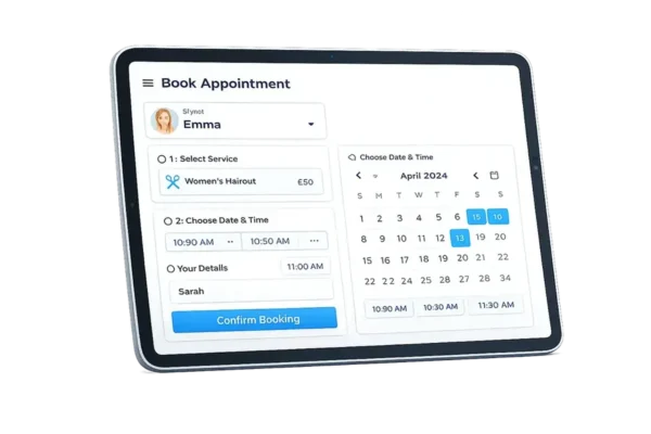 Appointment booking screen on a tablet, choosing a service, date and time