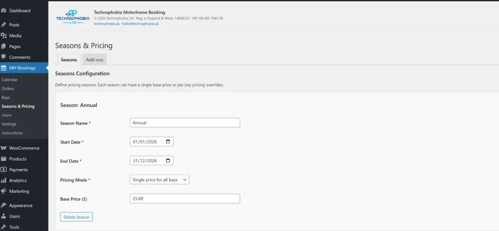 seasons and prices screenshot of Motorhome Booking Plugin