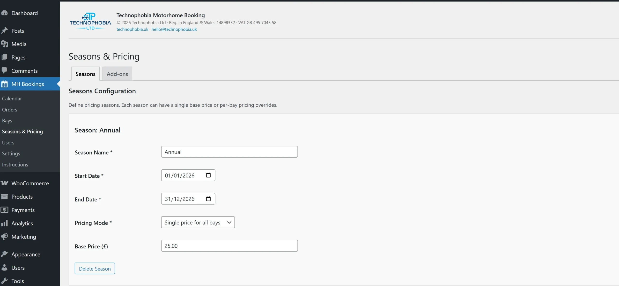 seasons and prices screenshot of Motorhome Booking Plugin