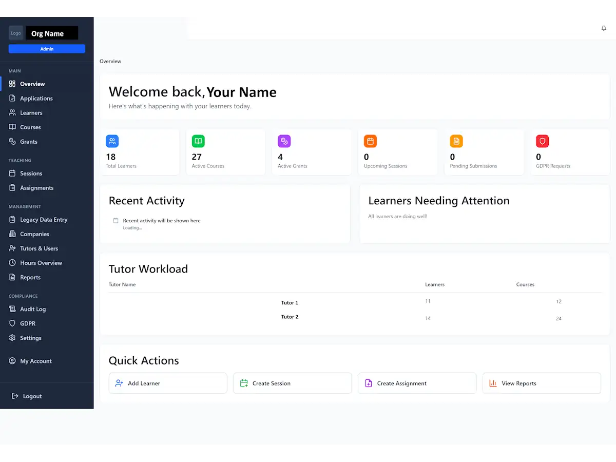 South Cumbria Skills Exchange Learner Management System admin dashboard showing learner statistics and tutor schedule