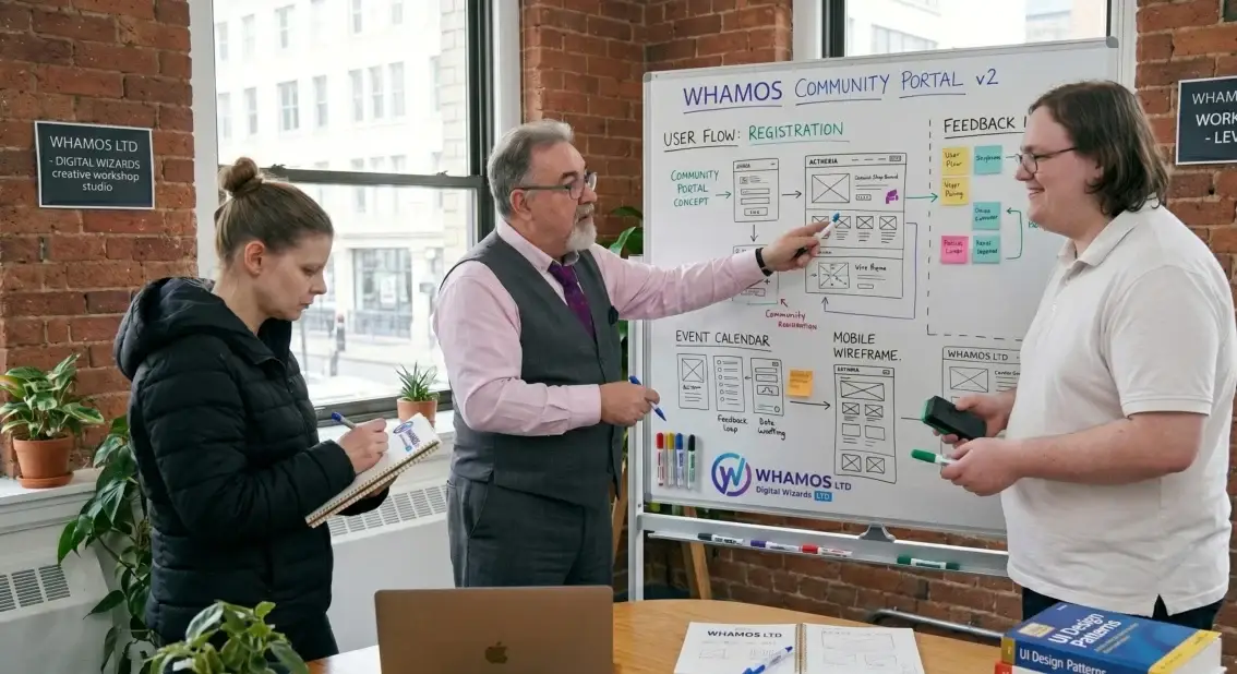 Whamos Ltd team meeting over a website project on a whiteboard