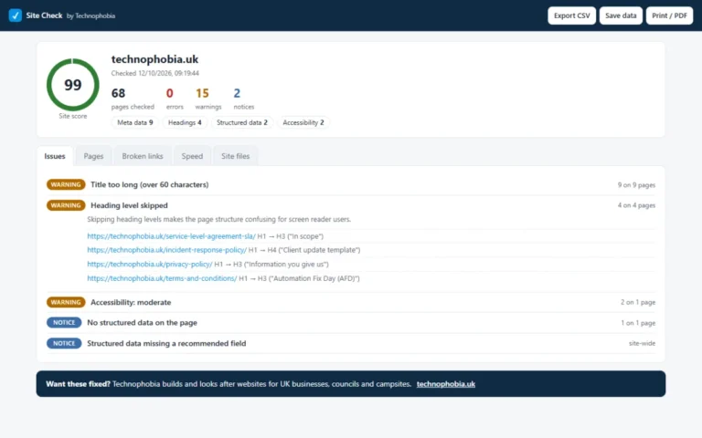 A Site Check issue opened up, showing why it matters and the four pages it was found on